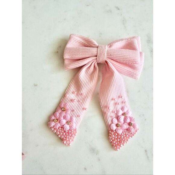 No Brand Accessories - Light pink Pearl Floral Ribbon Hair Bow Clip | Romantic Bridal Coquette